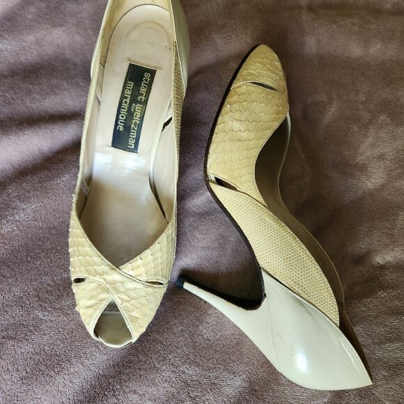 Stuart Weitzman Cream Leather Snake Heels - Picture 2 of 3